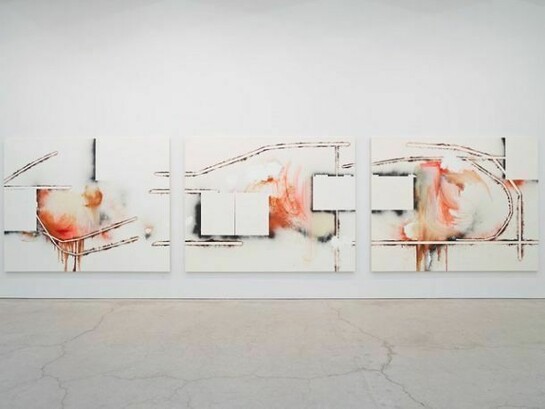 Elizabeth Neel, immunity, 2013, Oil and spray paint on canvas, 3 parts, 76 x 96 inches each, 193 x 243.8 cm
