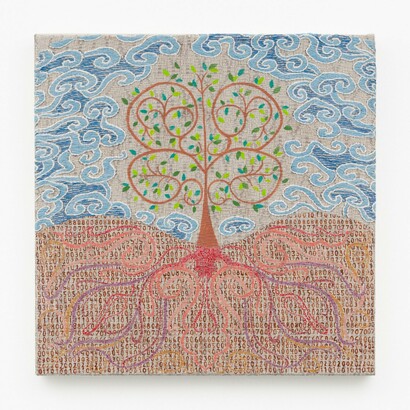 Barrow Parke,
Shapes in Time, 2022,
Acrylic and embroidery on hand-loomed linen,
19 5/8 x 19 5/8 inches.
Courtesy of the artists and JDJ, New York and Garrison 