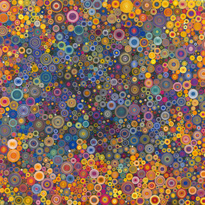 Hadieh Shafie, 9 Colors, 2015, Ink, acrylic and paper with printed and handwritten Farsi text Eshgh ("Love/Passion"), 40 x 60 in / 101.6 x 152.4 cm