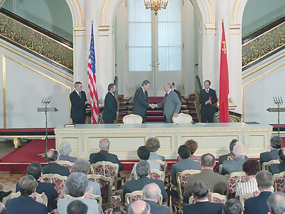 Iconic Reagan-Gorbachev handshake on June 1, 1988, marks formal ratification of INF Treaty at Moscow Summit