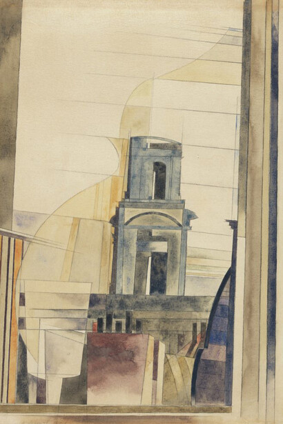 Roof and Steeple, 1921, Charles Demuth (American, 1883–1935), pencil and watercolor on paper. Adolph D. and Wilkins C. Williams Fund, 86.198
