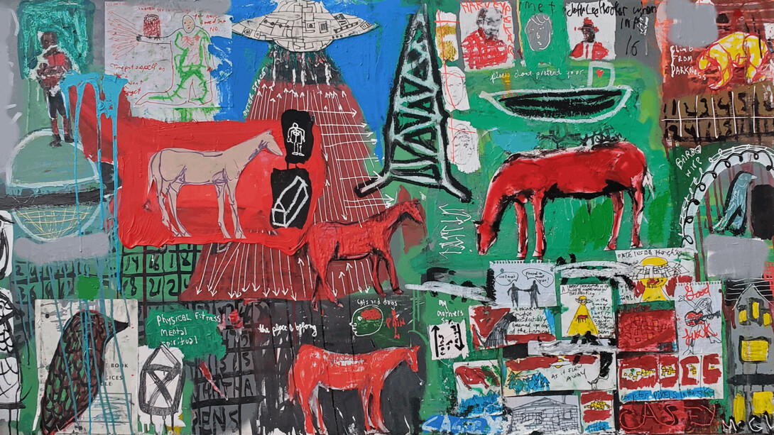 Casey McGlynn, Beuys Chalkboard, 36x72 inches, mixed media on canvas. Courtesy the artist and Foster/White Gallery