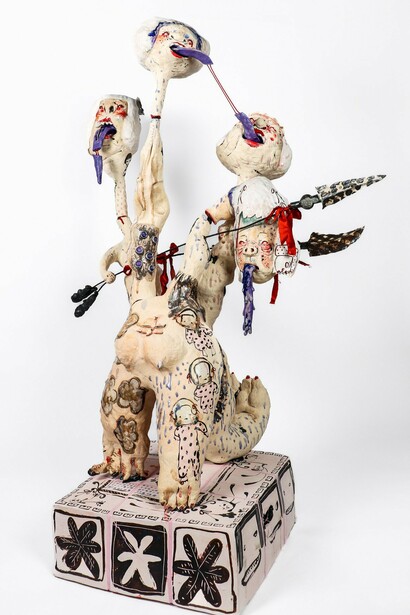Sami Tsang, My Ugly Destructive Shadow, Stoneware, glaze, color slip, poly China silk, metal rod, grout, Red nylon cord, 2023, 32 x 44 x 19 inches. Courtesy of the artist and Claire Oliver Gallery