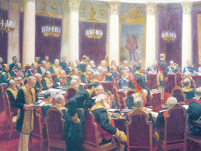 Séance solennelle du Conseil d’État le 7 mai 1901, 1903. Huile sur toile, 400 x 877 cm.
Musée d’État russe, Saint-Pétersbourg.