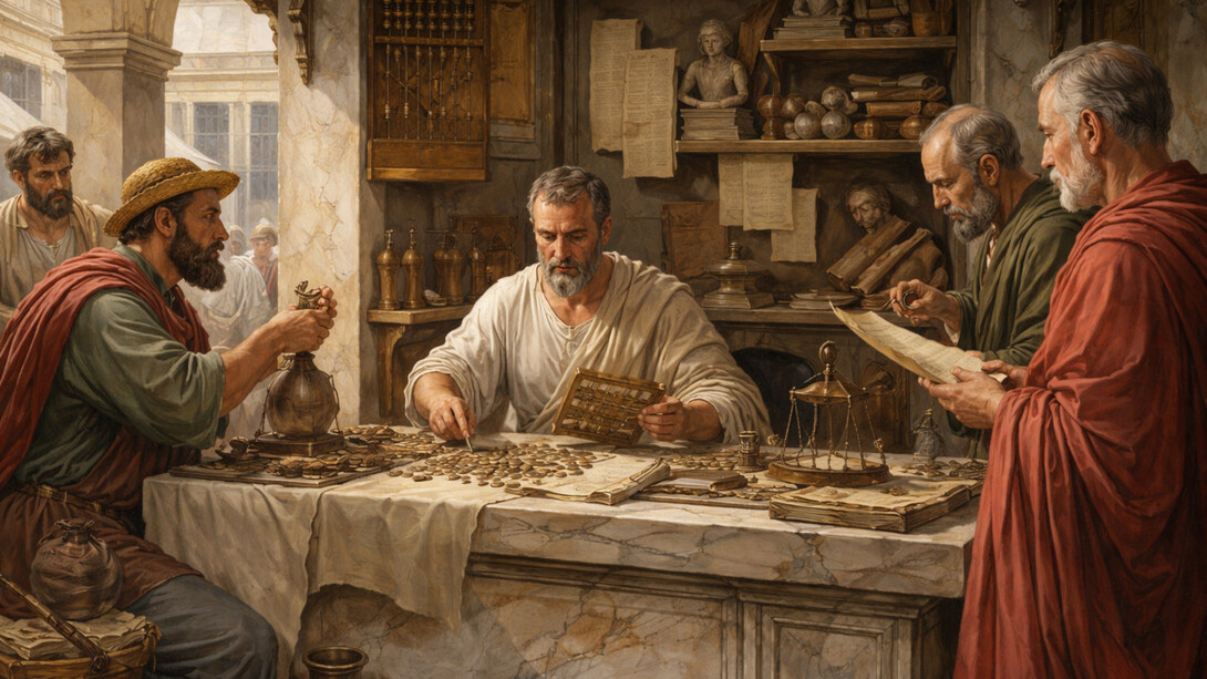 Ricostruzione, con l'ausilio dell'intelligenza artificiale, di una scena in un mercato romano con un argentario che svolge il suo lavoro