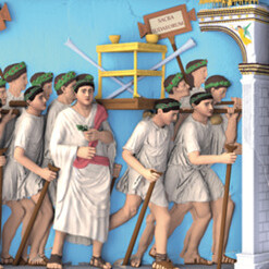 A conjectural reconstruction of the polychromy of the Yeshiva University Arch of Titus spoils panel (VIZIN: The Institute for the Visualization of History and the Yeshiva University Arch of Titus Project)