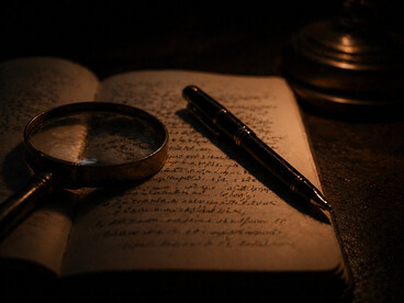 A magnifying glass over handwritten pages reflects the disciplined process of refining ideas into precise, usable work