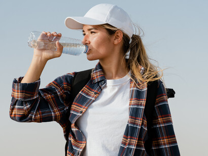 Nômade digital se hidrata durante percurso no deserto e trabalho com fotografias