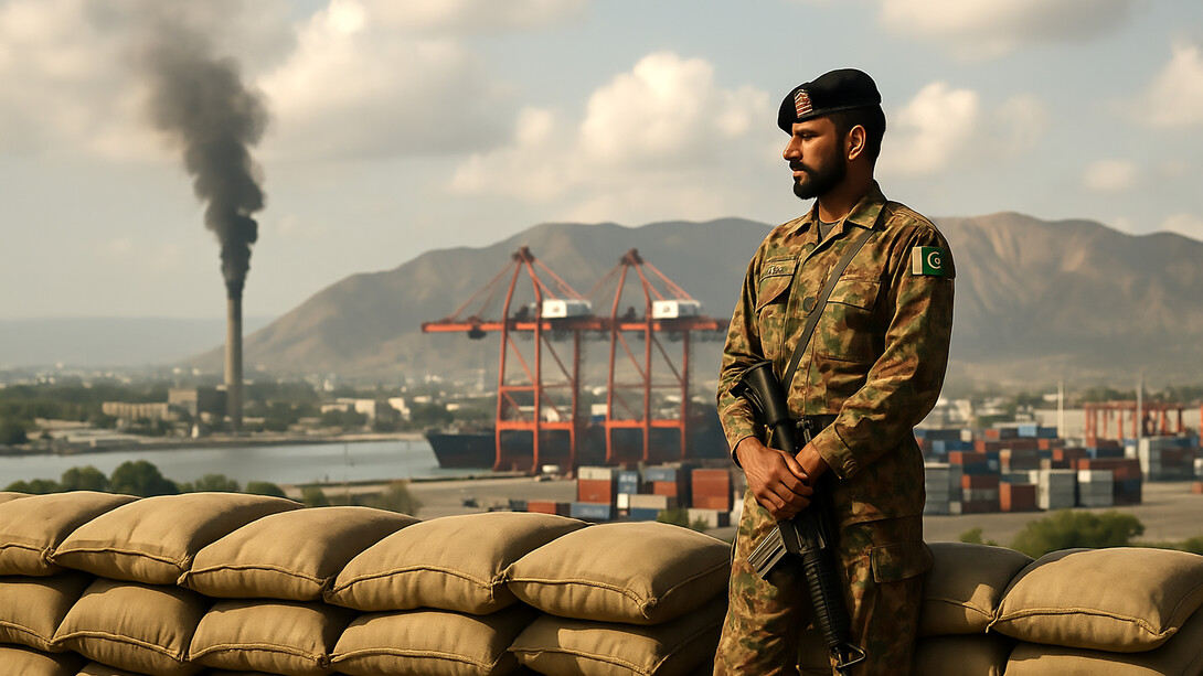 A Pakistani soldier stands guard overlooking an industrial port, reflecting the country’s complex intersection of security, economy, and global pressures
