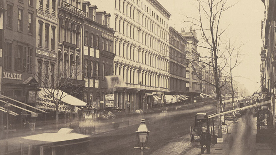 Broadway, Looking North from Broome Street, New York, about 1853–55, attributed to Silas A. Holmes or to Charles DeForest Fredricks, salted paper print. The J. Paul Getty Museum