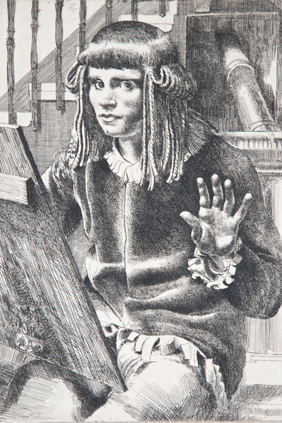 Leon Underwood, Self Portrait in Fancy Dress, Etching on paper, Private Collection