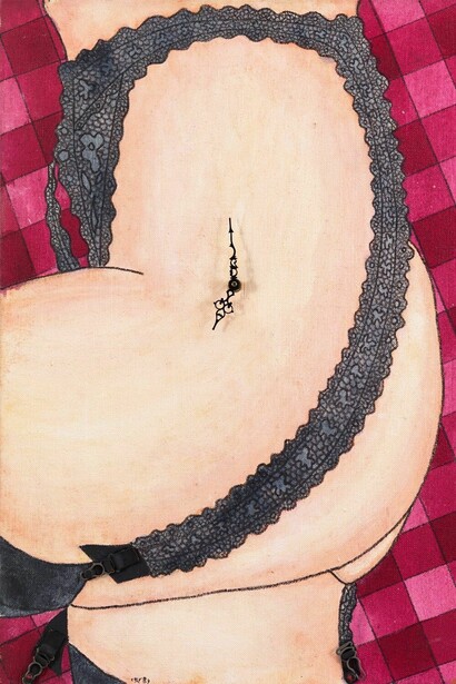 William N. Copley, Untitled, 1983, acrylic on linen, 32 x 26 inches, 81.3 x 66 cm. Courtesy of Paul Kasmin Gallery

