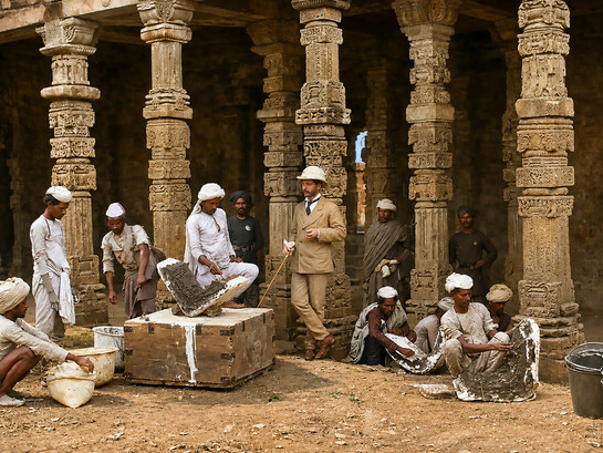 Indian moulders at work under the supervision of a colonial official near Qutb Minar, 1856. Courtesy of the Victoria and Albert Museum, London, UK