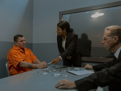 Homem sendo interrogado por detetives