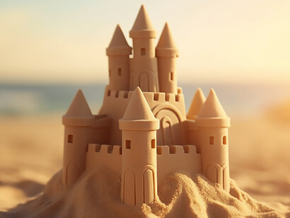An exquisite sand castle adorns the beach, a masterpiece sculpted by the delicate hands of creativity against the backdrop of sun-kissed shores