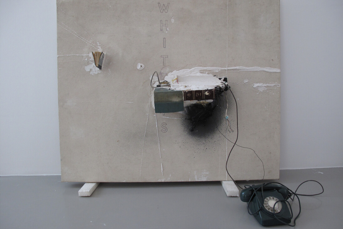 John Latham, Nineteen sixty-four, 1987, Books, electric cable, wires, plaster and pigment on canvas, 122 x 102 x 27 cm. © John Latham; Courtesy, the Artist & Lisson Gallery
