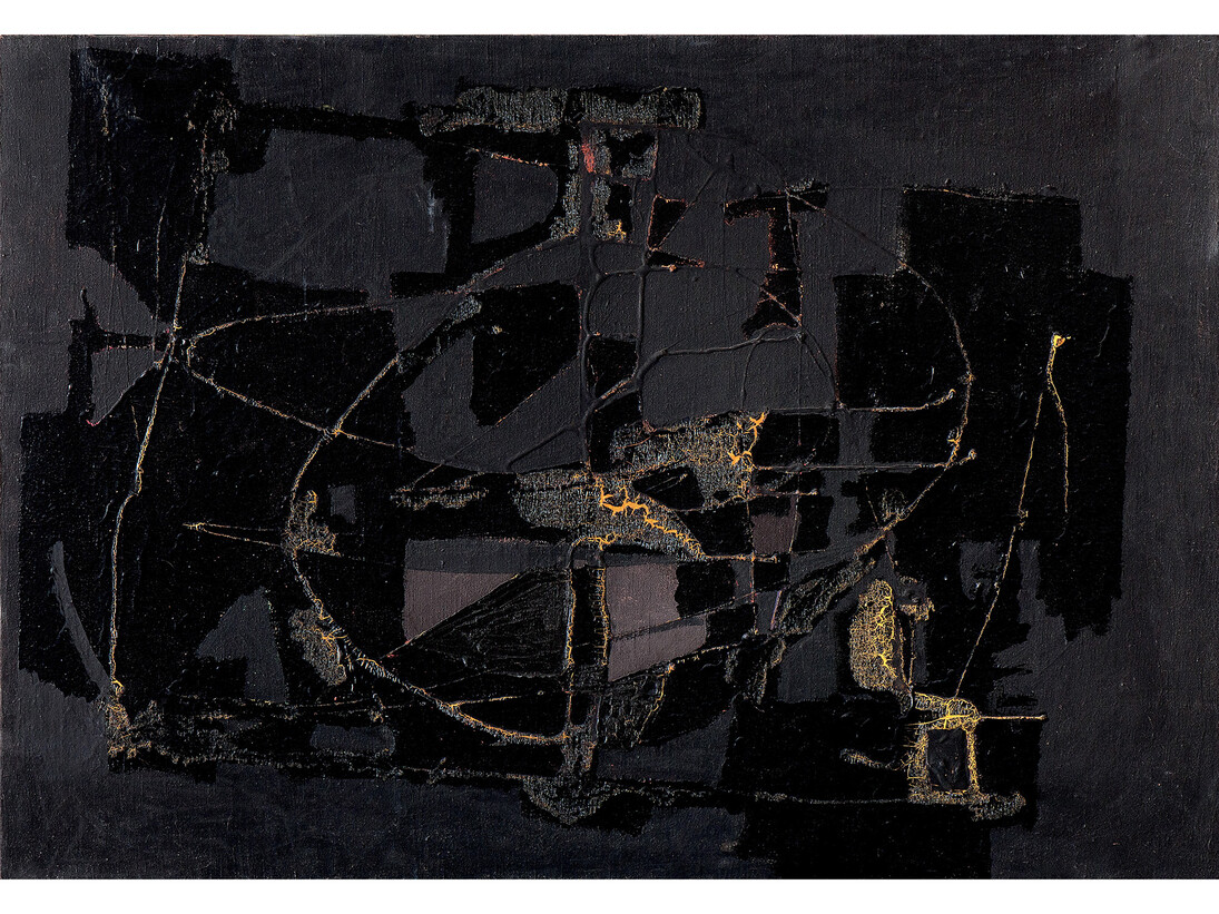 Alberto Burri, Nero Catrame, 1951, tar, acrylic, enamel on canvas, 61 x 87 cm, Courtesy Fondazione Burri and Mazzoleni London