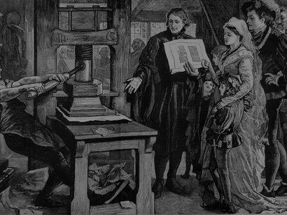 A printing press demonstration at the time of William Caxton