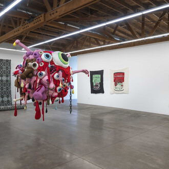 Gil Yefman, It Ain’t Necessarily Soft, 2023, installation view: Human Tapestry, God Full of Wombs, Tumtum, and Condensed Milks White & Black. Courtesy of Shoshana Wayne Gallery, Los Angeles