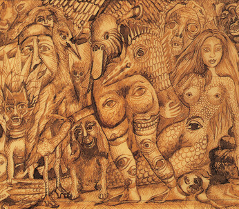 Frida Kahlo, Sans Titre ("Dessin au sujet inspiré de la philosophie orientale"), 1946. Encre sépia sur papier, 18 x 26,7 cm. Collection privée.