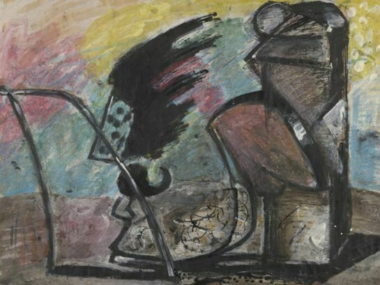 Monument – dithyrambisch (‘Monument – dithyrambic’), 1976, Markus Lüpertz (b.1941), gouache, ink and oil pastel on brown packing paper. Presented to the British Museum by Count Christian Duerckheim, © Markus Lüpertz/DACS 2013