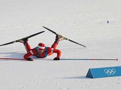 Samer Tawk after crossing the finish line of the Cross-Country Skiing race