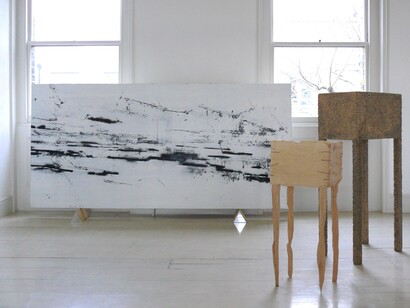 'Collapse' installation view. 'A Delicate Balance' and 'Two's Company I & II (That Sinking Feeling)' by David MacDiarmid. 'Riding Switch 2' by Kate Palmer. Image David MacDiarmid