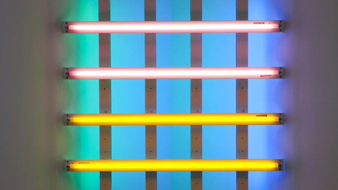 Dan Flavin, untitled (in Honor of Harold Joachim) 2, detail, 1977, Pink, yellow, blue and green fluorescent lights, 122 x 122 cm, Photo. Fabrice Seixas © Dan Flavin/ ADAGP, Paris 2015, Collection FRAC Nord-Pas-De-Calais, Dunkerque, France, Courtesy the artist
