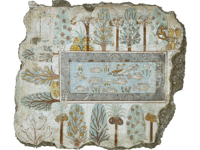 Nebamuns Garten, Fragment einer Szene aus der Grabkapelle des Nebamun, ca. 1350 v. Chr.
Grabmalerei, 64 x 73 cm.
The British Museum, London.