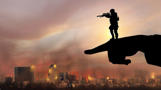 A politician's outstretched hand directs attention forward, while the metaphorical soldier of their policies aims in that chosen direction