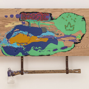 Kevin Mack, The Passion of Cousins, 2014, Red oak, latex paint, acrylic, spray paint, macaroni, oil pastel, leather, brass, glass, 33.5” x 51” x 7.5”