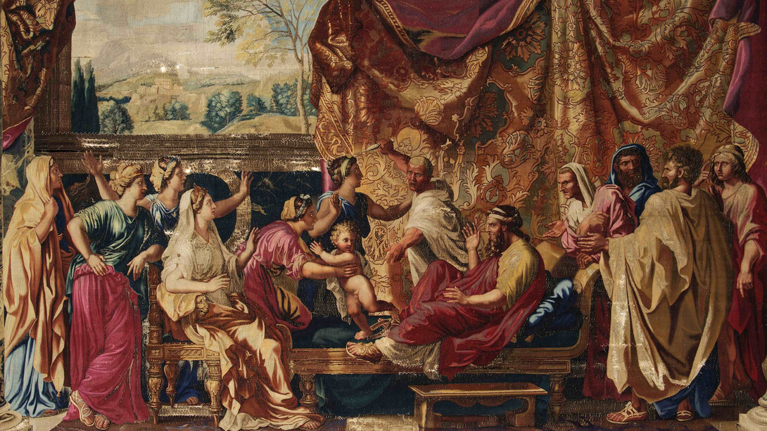 Nicolas Poussin, Mosè bambino calpesta la corona del Faraone, arazzo, dettaglio
