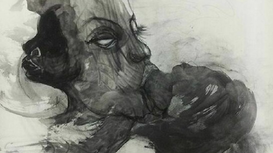 Kenyatta A.C. Hinkle, Tituba Siphons Up Her Spectators in Order to Feed Her Young, 2013, india ink and compressed charcoal, 48 x 48 inches