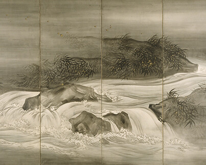 One of a pair of six-fold screens: ink with slight color and gold paint on paper, 68 x 148 1/2 inches. Purchase: William Rockhill Nelson Trust, 74-12/1.