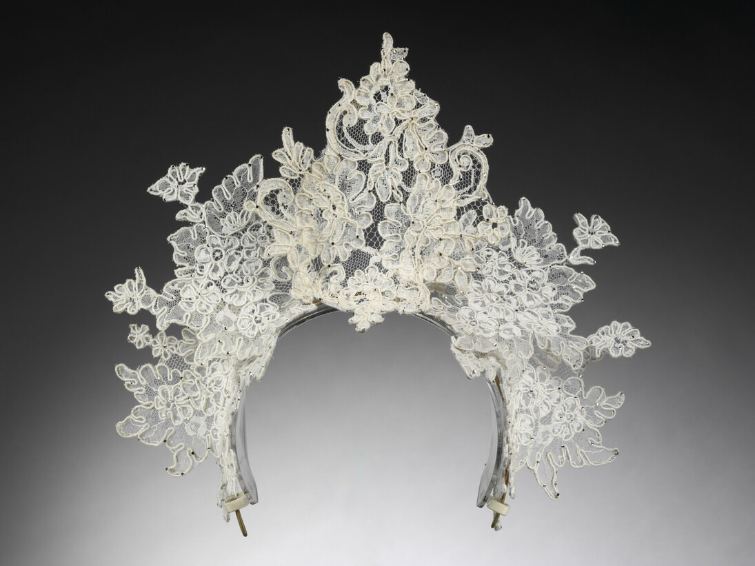 Antique lace tiara by Philip Tracey, London, 2008. Worn by Nina Farnell-Watson for her wedding to Edward Tryon. Private Collection, © Victoria and Albert Museum, London  