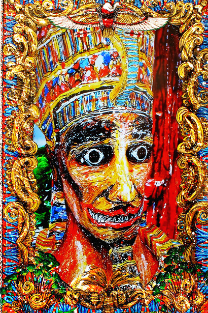 The Great Son Of God (Pharaoh Ramsess II – Egypt), 2015, acrylic, gold leaf, mixed media with LCD screen and video. 24 x 16 inches