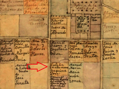 Ubicación del cuadrante donde estaba la casa de Julián Matamoros y Joaquina Lobo, en el centro de Cartago. Extracto del Plano de la ciudad de Cartago 1801-1821. Álbum de Figueroa. Folio 2-040-v. Archivo Nacional