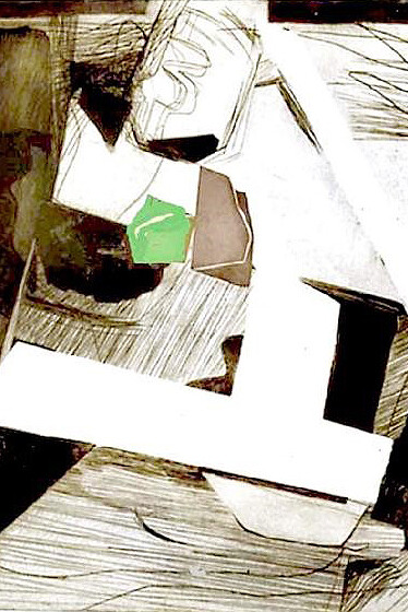 Agathe Sorel, By the Drunken Photographer, 1967. Line engraving, aquatint & surface rolled brass cut out, printed in black, green & brown, 780 x 600 mm