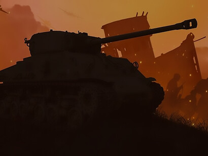A dramatic portrayal of the war-torn landscape, featuring a low-angle view of a tank, symbolizing the intensity and impact of conflict