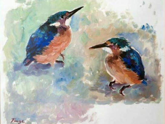 François Krige, Two Kingfishers, Unique Works on Paper, Gouache, framed, 21 x 25 cm