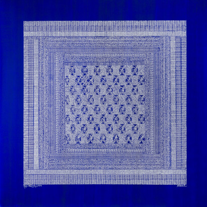 Rachid Koraïchi,
Les ailes bleues des Anges, 2022.
Acrylic on canvas,
150 x 150 cm.
© Rachid Koraïchi and Factum Arte.
Courtesy The Artist, October Gallery and Factum Arte.
Photo © Oak Taylor Smith