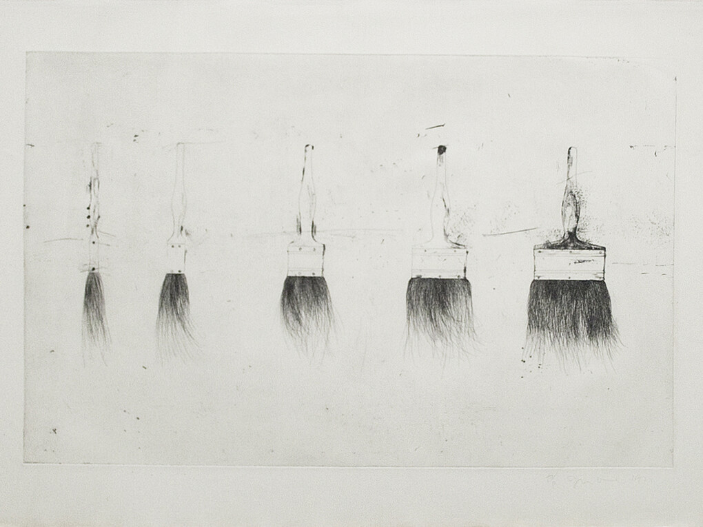 Jim Dine (American, b. 1935), Five Paintbrushes (First State), 1972, etching, 30 x 40 inches, 76.2 x 101.6cm. Image Size: 23 1/2 x 35 1/2 inches, 59.7 x 90.2cm, Edition of 75