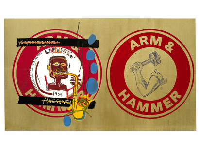 Jean-Michel Basquiat and Andy Warhol, Arm and Hammer II, acrylic and oilstick on canvas, 193x285 cm, courtesy Galerie Bruno Bischofberger, Männedorf-Zurich, Switzerland, © The Estate of Jean-Michel Basquiat, licensed by Artestar, New-York, © The Andy Warhol Foundation for the Visual Arts, Inc./ licensed by ADAGP, Paris 2023. Courtesy of Fondation Louis Vuitton