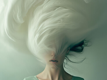 An overstimulated person in deep thought, representing mental overload and brain fog with a cloud forming above their head
