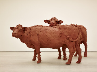 Stephanie Quayle Two Cows 2013 Air-hardening clay, chicken wire, steel 230 x 340 x 170 cm, Image courtesy of the Saatchi Gallery, London