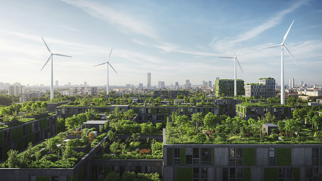 Eco-city with wind turbines and green rooftops representing development that does not sacrifice the environmental good