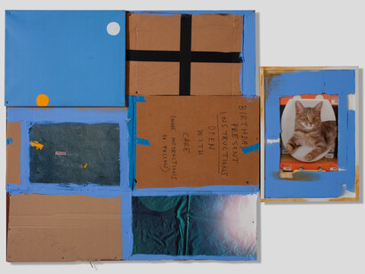 Rochelle Feinstein, Happy Birthday x Rachel, 2009, Stretched oil painting, cloth, board, tape, acrylic, framed photograph (Rachel Harrison), 42 x 60 in.