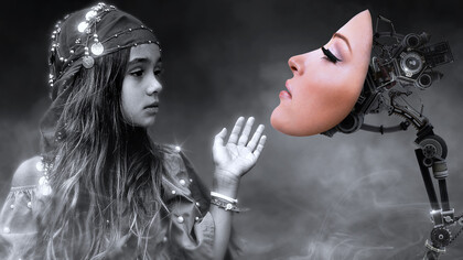 A little girl looks at the face of a robot that looks human