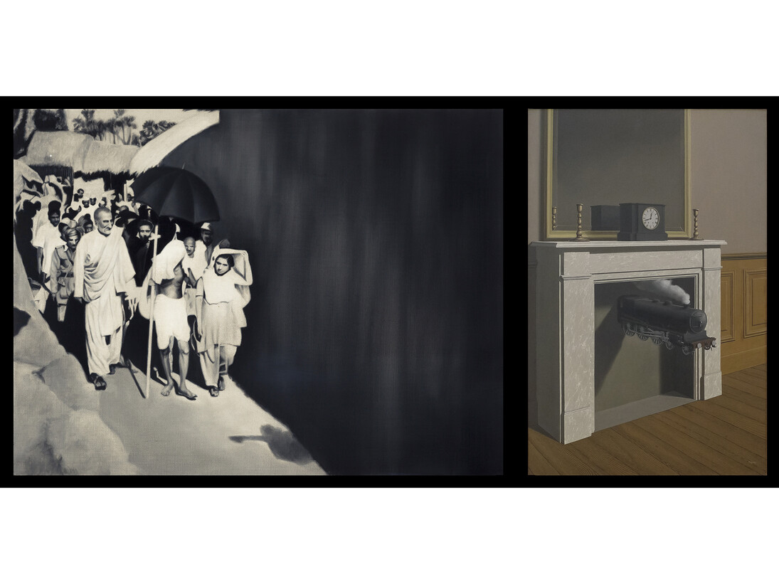 Atul Dodiya, ‘Visit to riot victim village, Bihar, 1947’, 2014, Oil on canvas, archival digital print on hahnemuehle bamboo paper, 50 x 100 cm / 19 5/8 x 39 3/8 in, Courtesy of the artist and Galerie Daniel Templon, Paris & Brussels