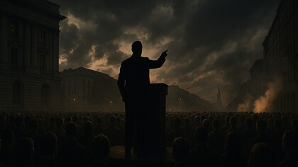 A lone silhouette rallies a silent crowd, capturing the atmosphere of rising authoritarianism in uncertain times